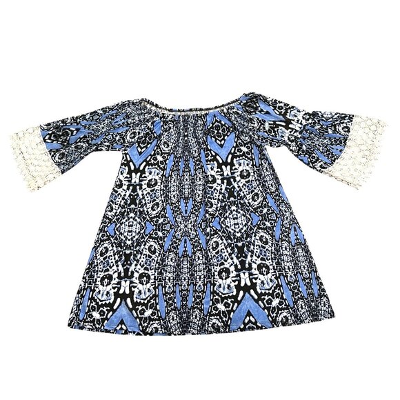 CCC Blue Black Print Off Shoulder Tunic Dress Lace Bell Sleeves Boho Style XLarg - Picture 7 of 9